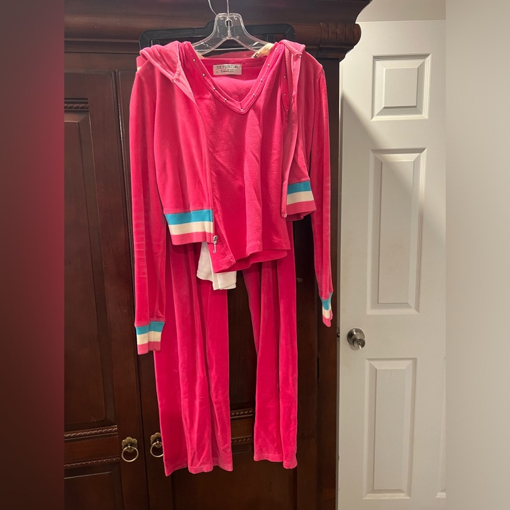 Juicy couture hot pink set with white and blue stripe with shirt included !!